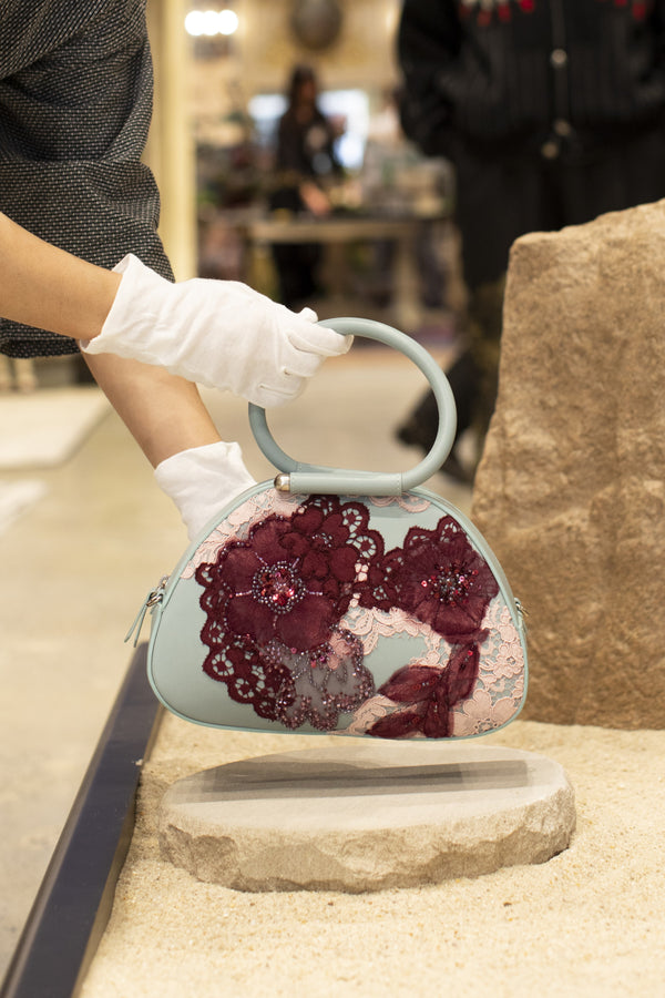 Turquoise Caragol Bag with Floral Lace Embroidery