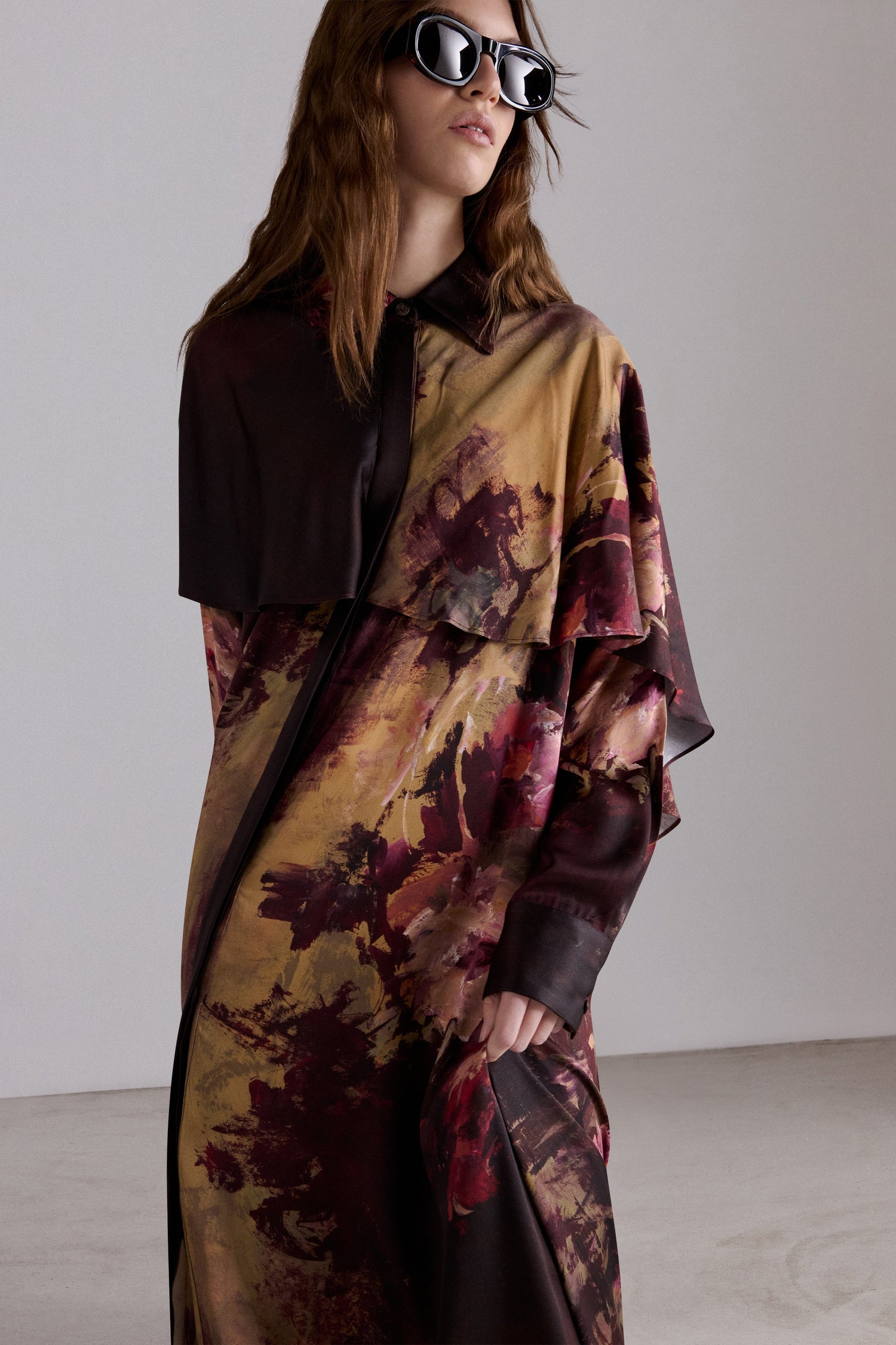 Painterly Rose Silk Chemisier Dress