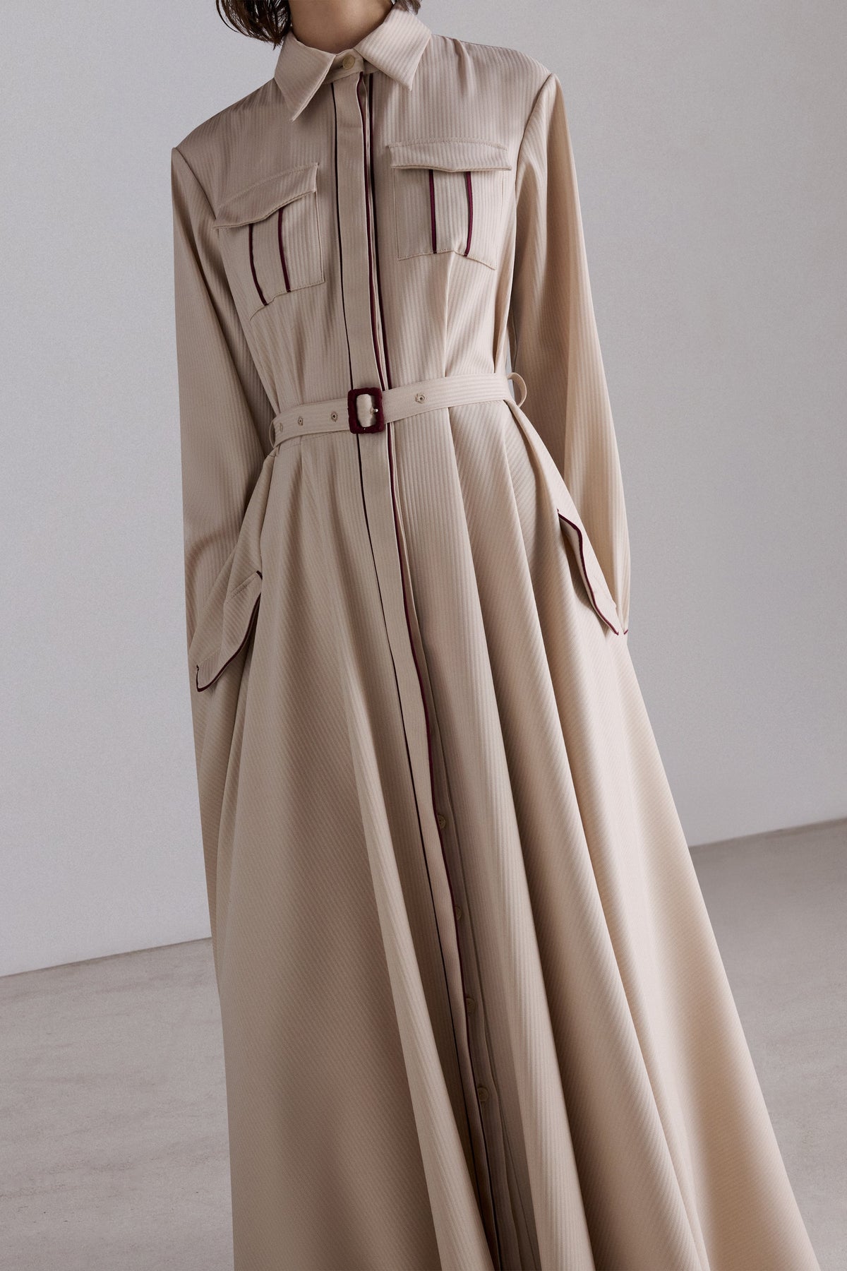 Beige Belted Shirt Dress