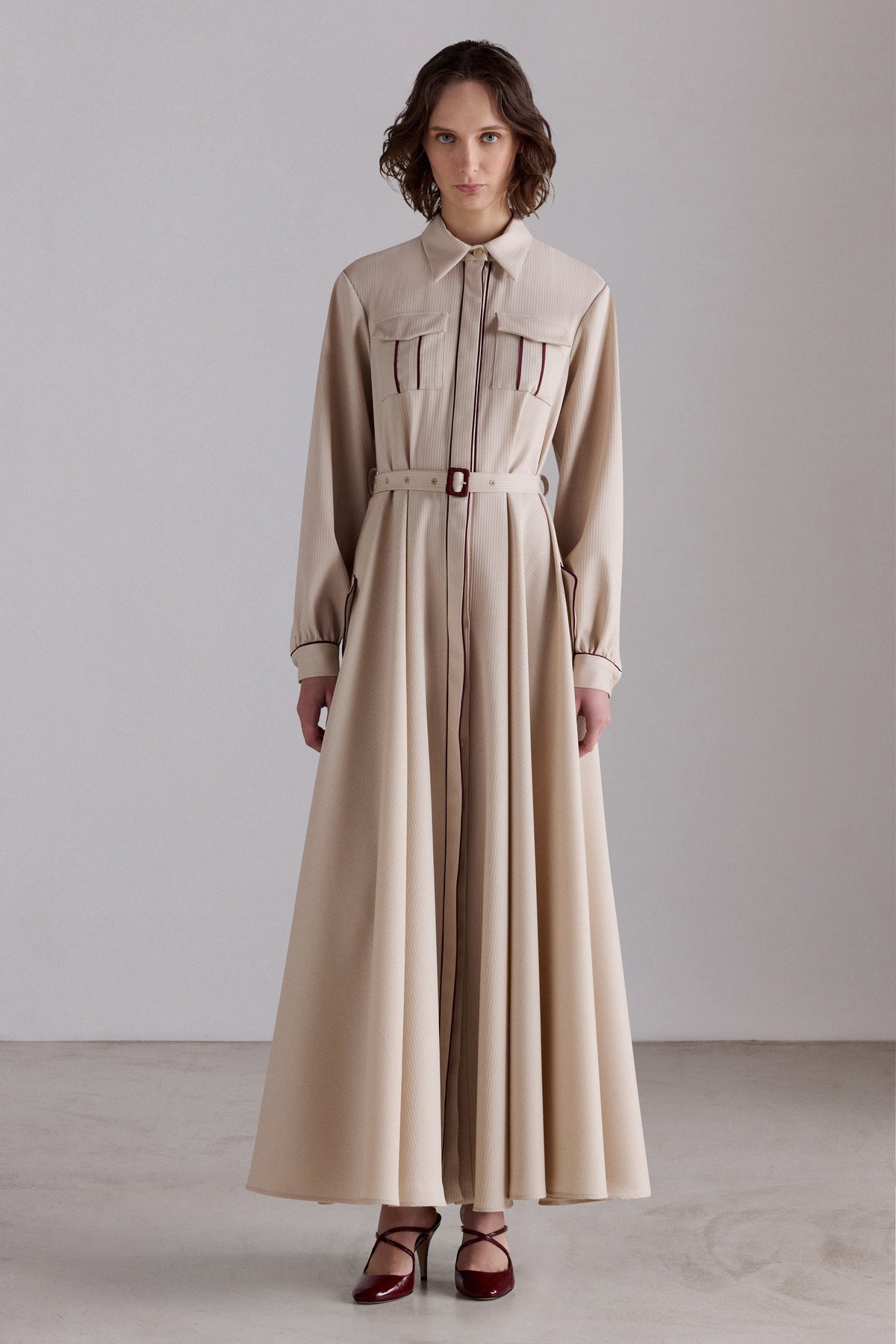 Beige Belted Shirt Dress
