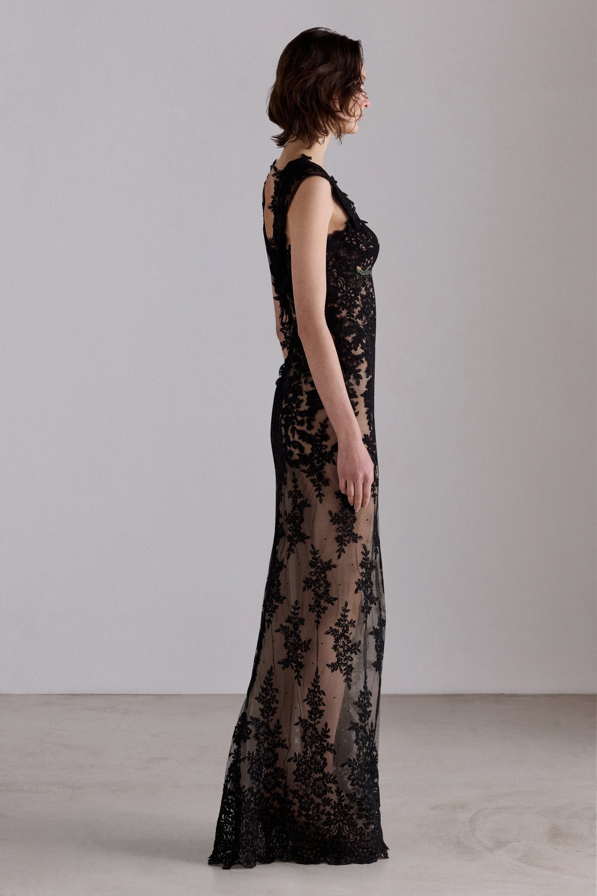Lace Column Dress with Floral Embroidery