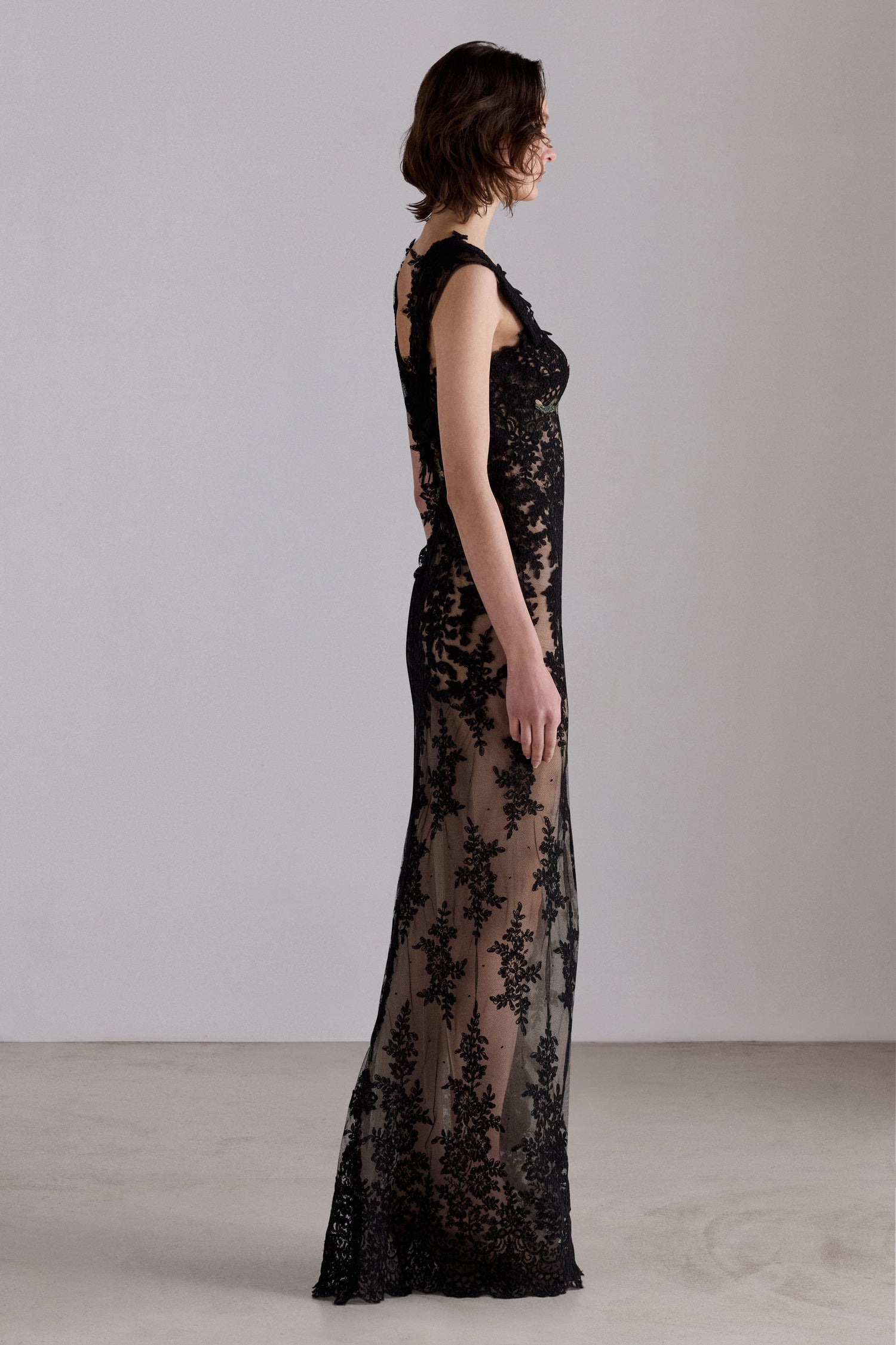 Lace Column Dress with Floral Embroidery