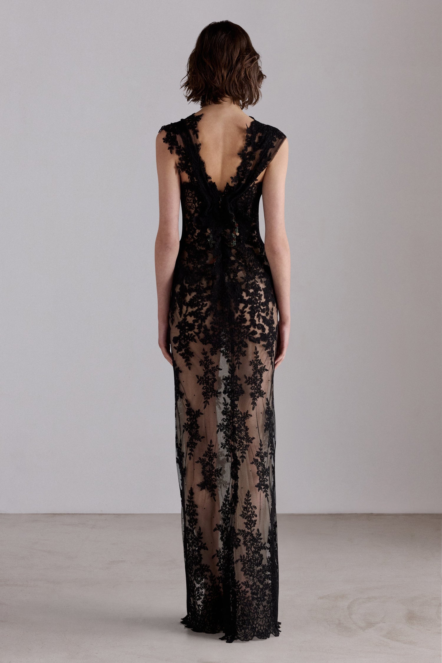 Lace Column Dress with Floral Embroidery
