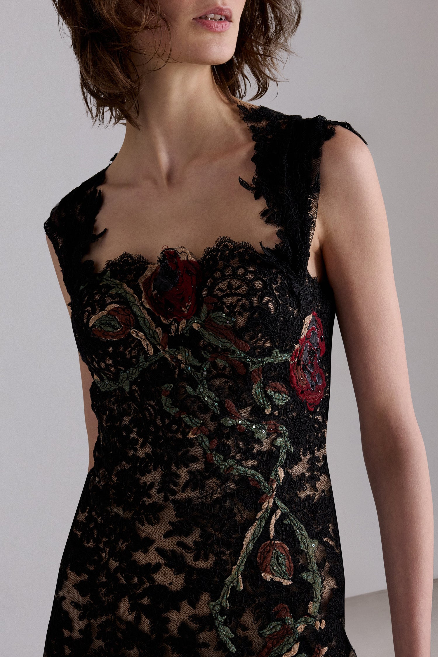 Lace Column Dress with Floral Embroidery