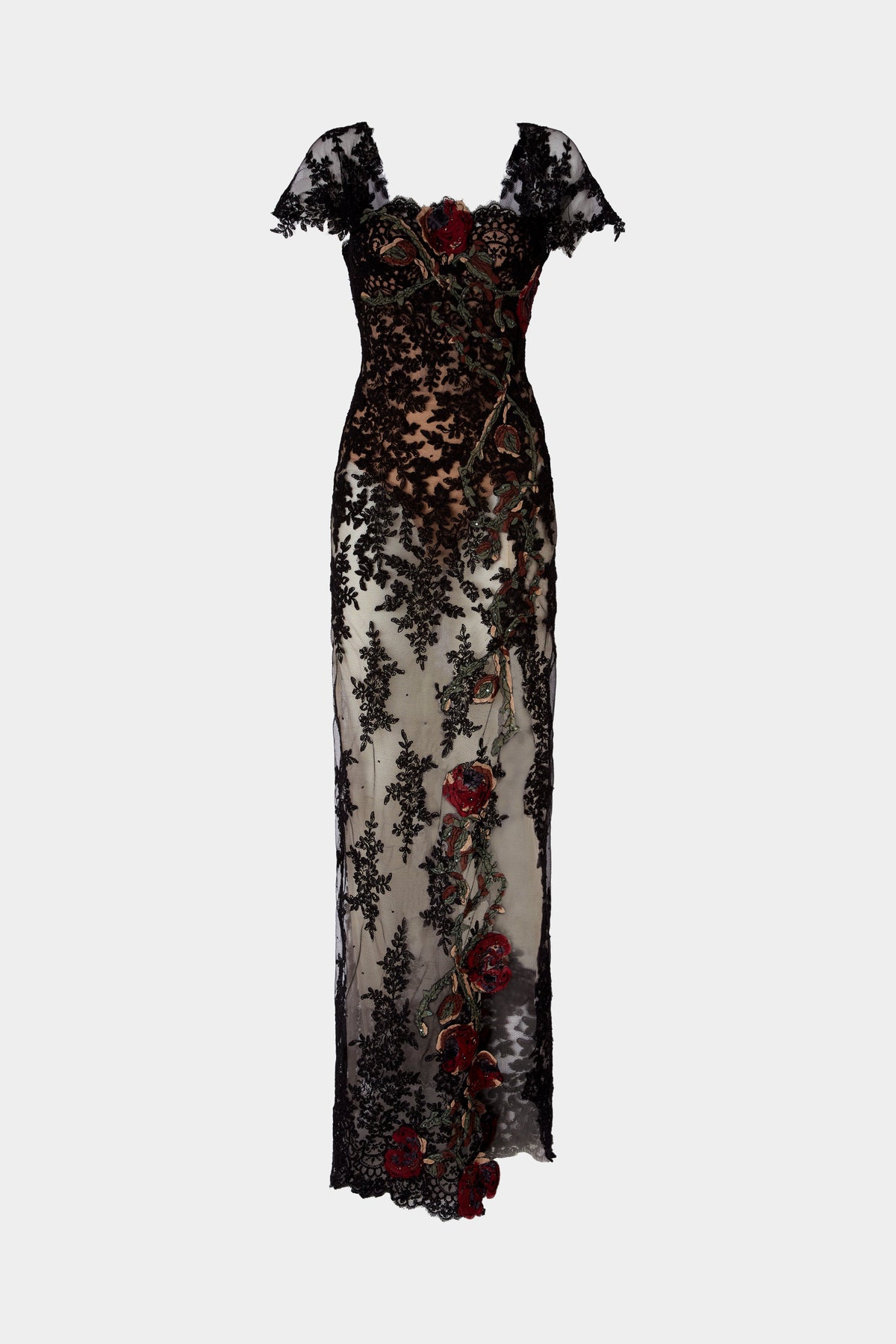 Lace Column Dress with Floral Embroidery