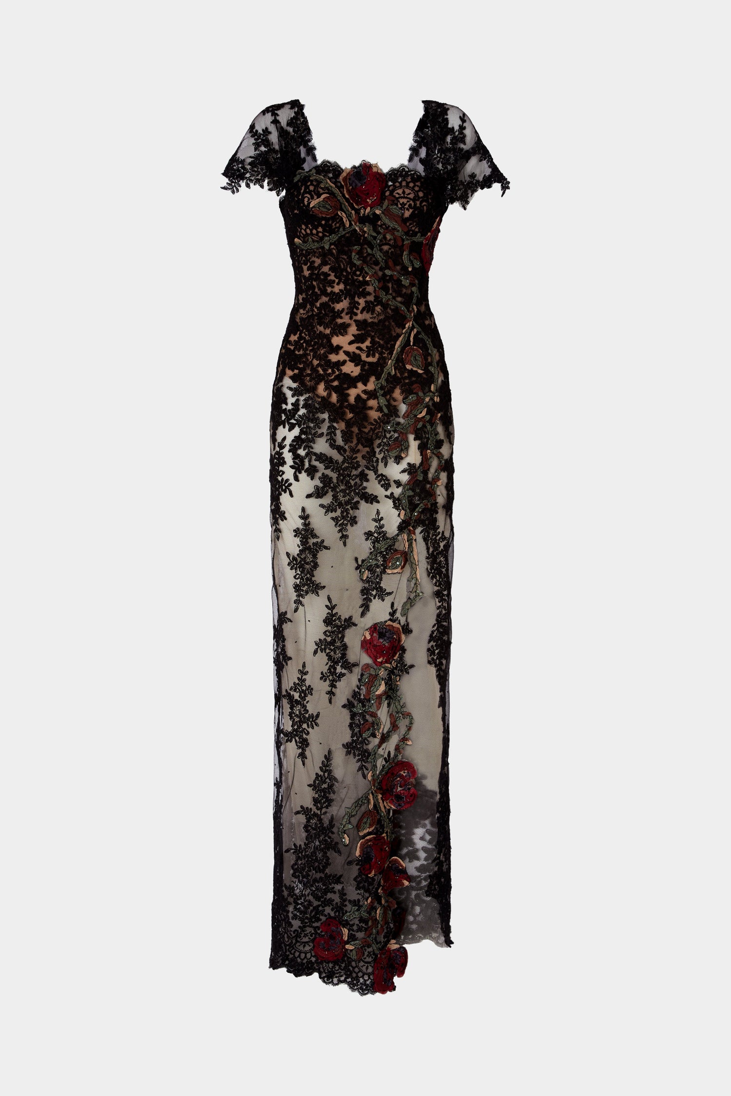 Lace Column Dress with Floral Embroidery