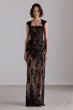 Lace Column Dress with Floral Embroidery