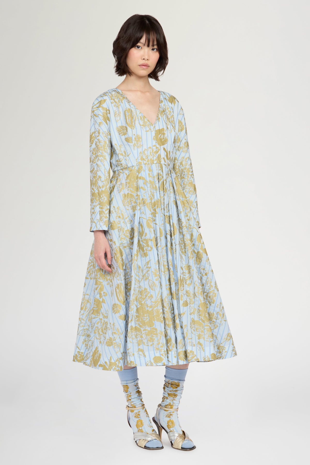 Blue Gold Floral Midi Dress