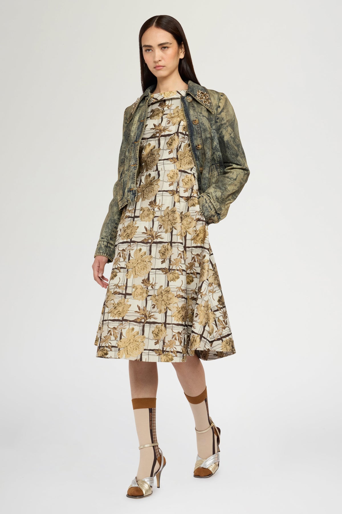 Midi Brocade Floral Dress with Open Back