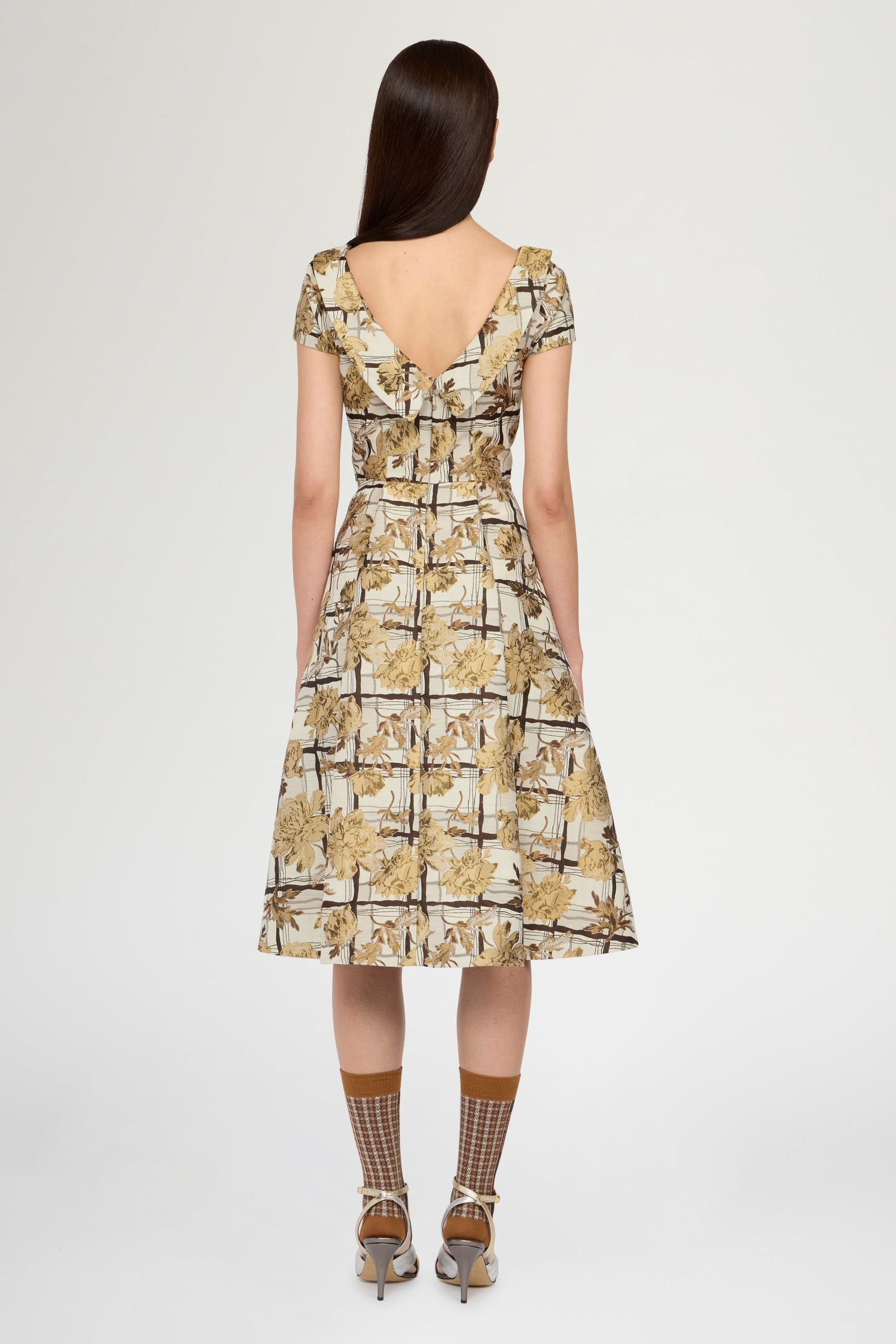 Midi Brocade Floral Dress with Open Back