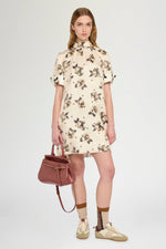 Short-Sleeve Dress in Moiré Damask and Polka Dot Organza
