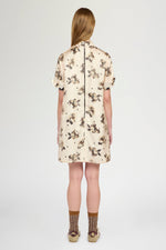 Short-Sleeve Dress in Moiré Damask and Polka Dot Organza