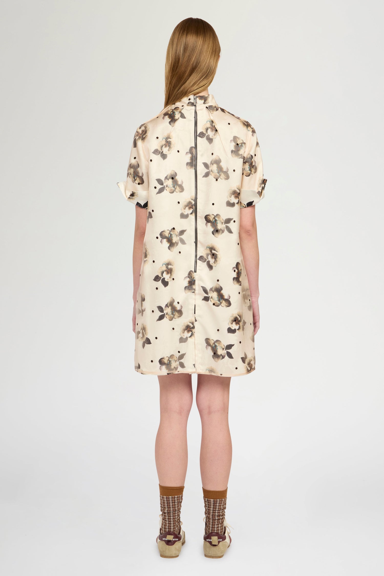 Short-Sleeve Dress in Moiré Damask and Polka Dot Organza