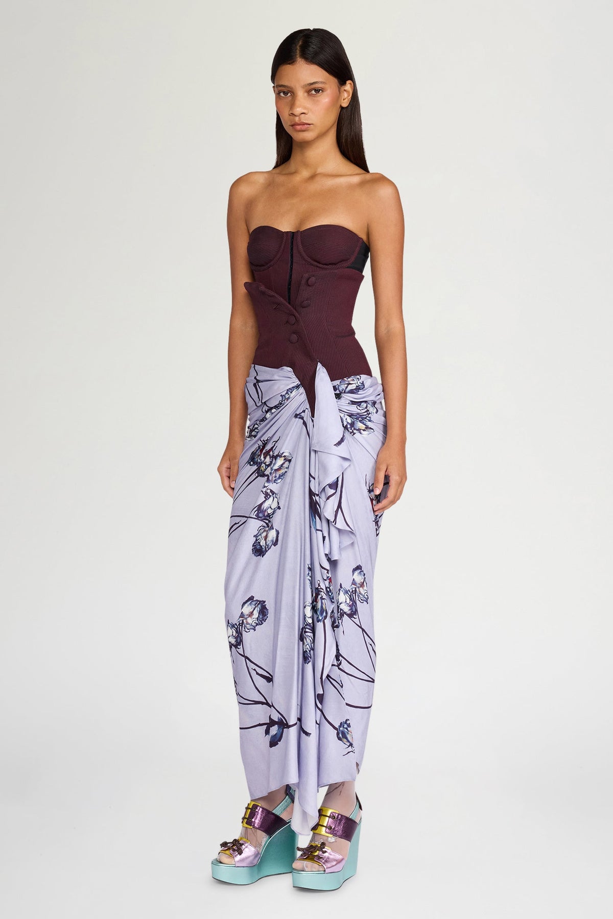 Lilac Rose Print Bustier Dress