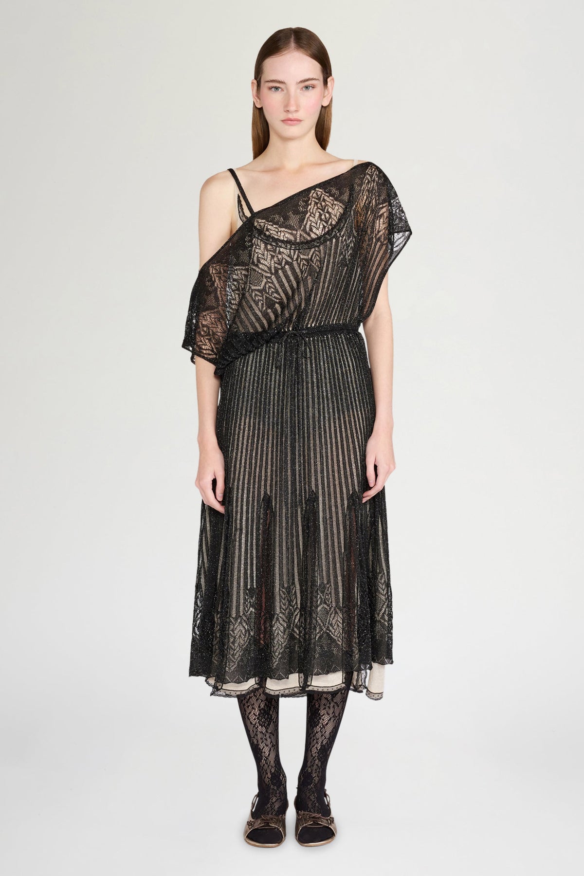 Black Openwork Knit Midi Dress