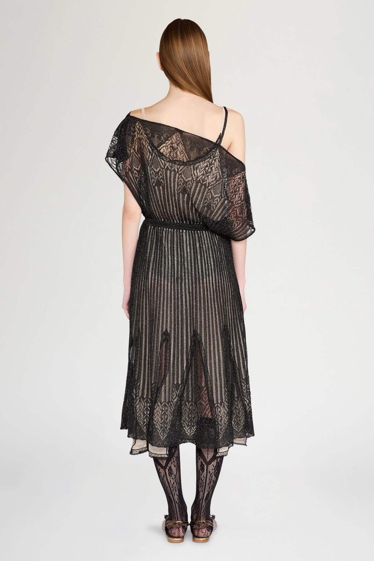 Black Openwork Knit Midi Dress