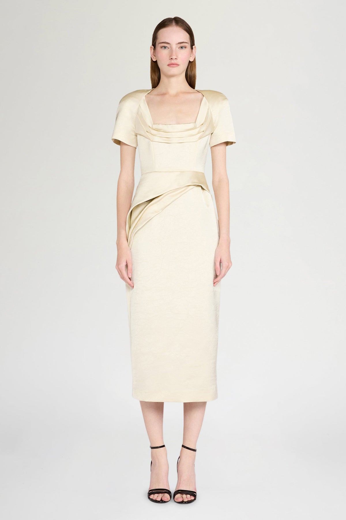 Ivory Satin Draped Midi Dress