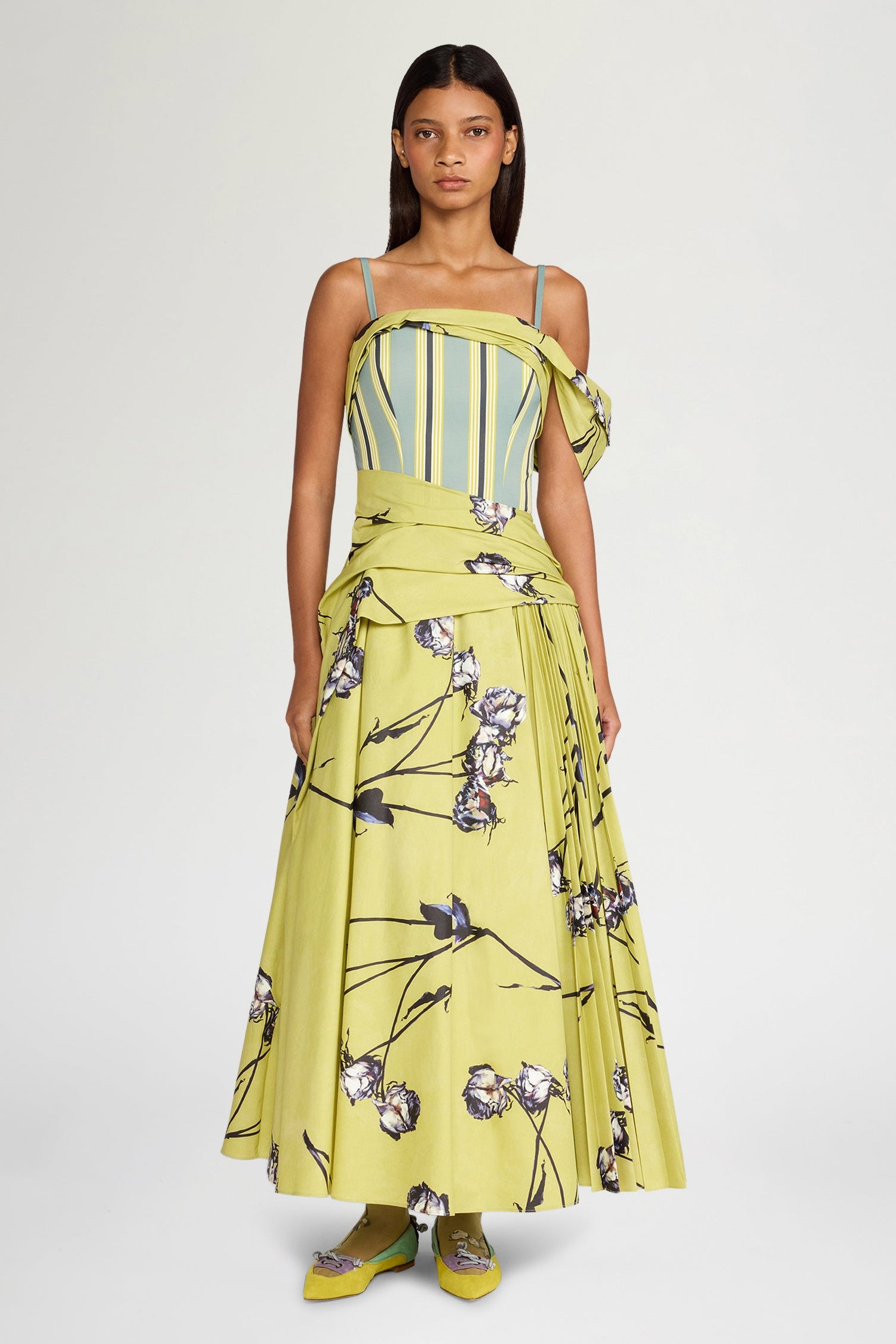 Lime Floral Draped Bustier Dress