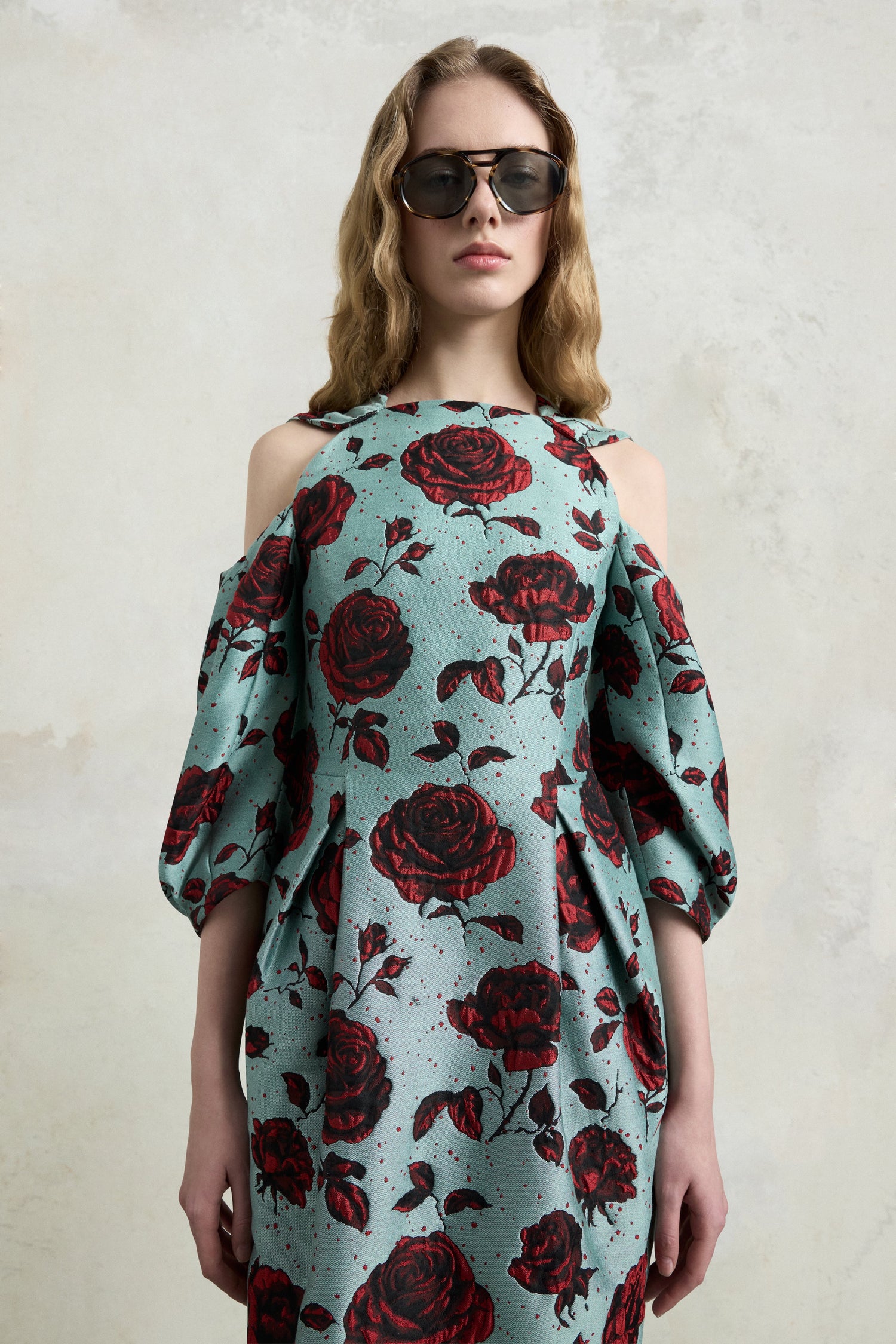 Embossed Rose Jacquard Midi Dress