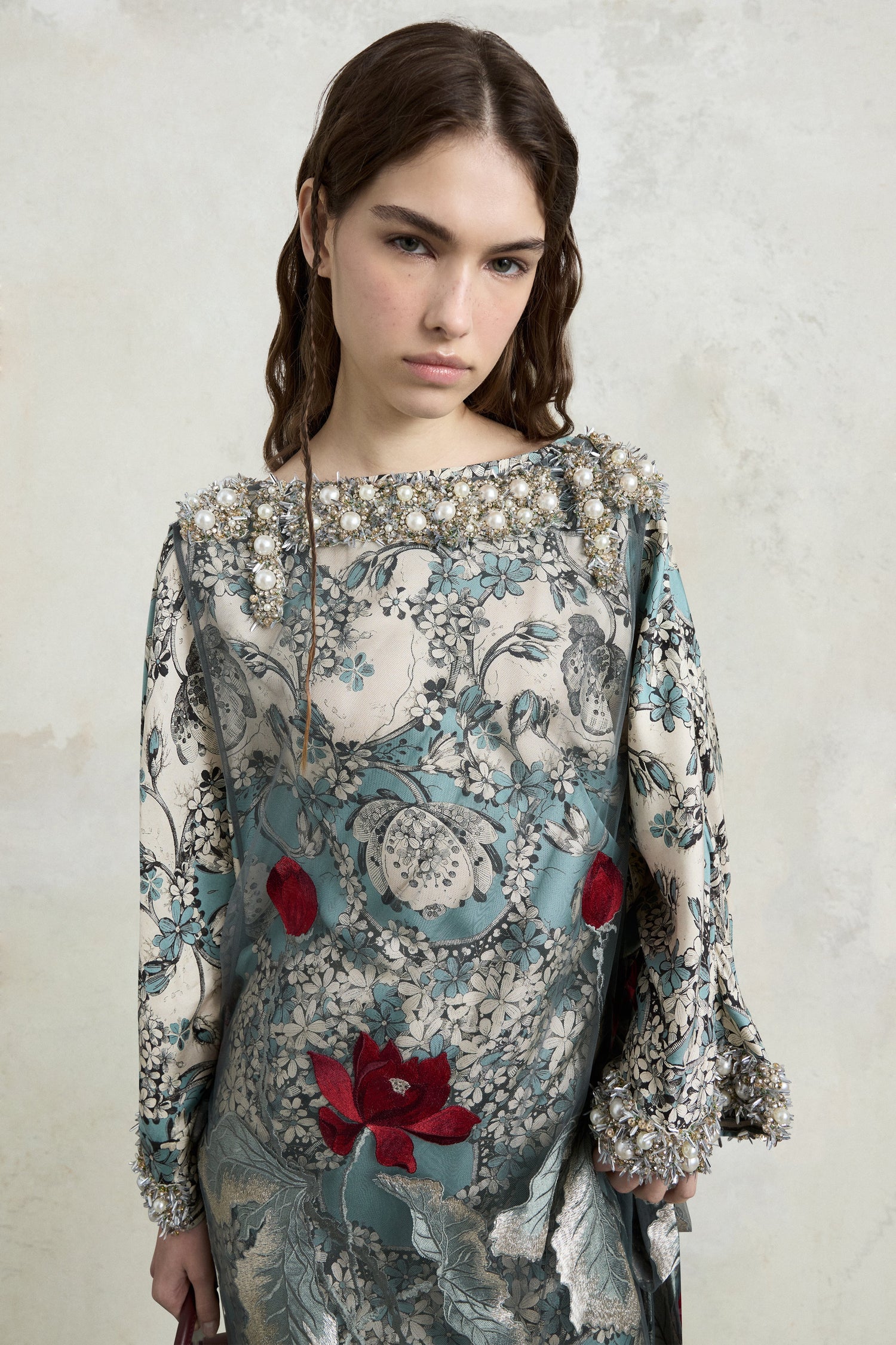Midi Tunic Dress With Embroidered Foulard Print