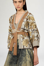 Short Kimono In Floral Brocade And Microcheck