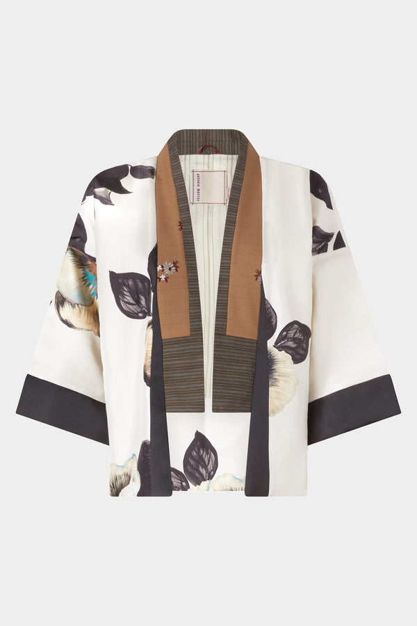 Short Kimono In Silk Twill And Pinstripe