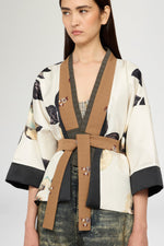 Short Kimono In Silk Twill And Pinstripe