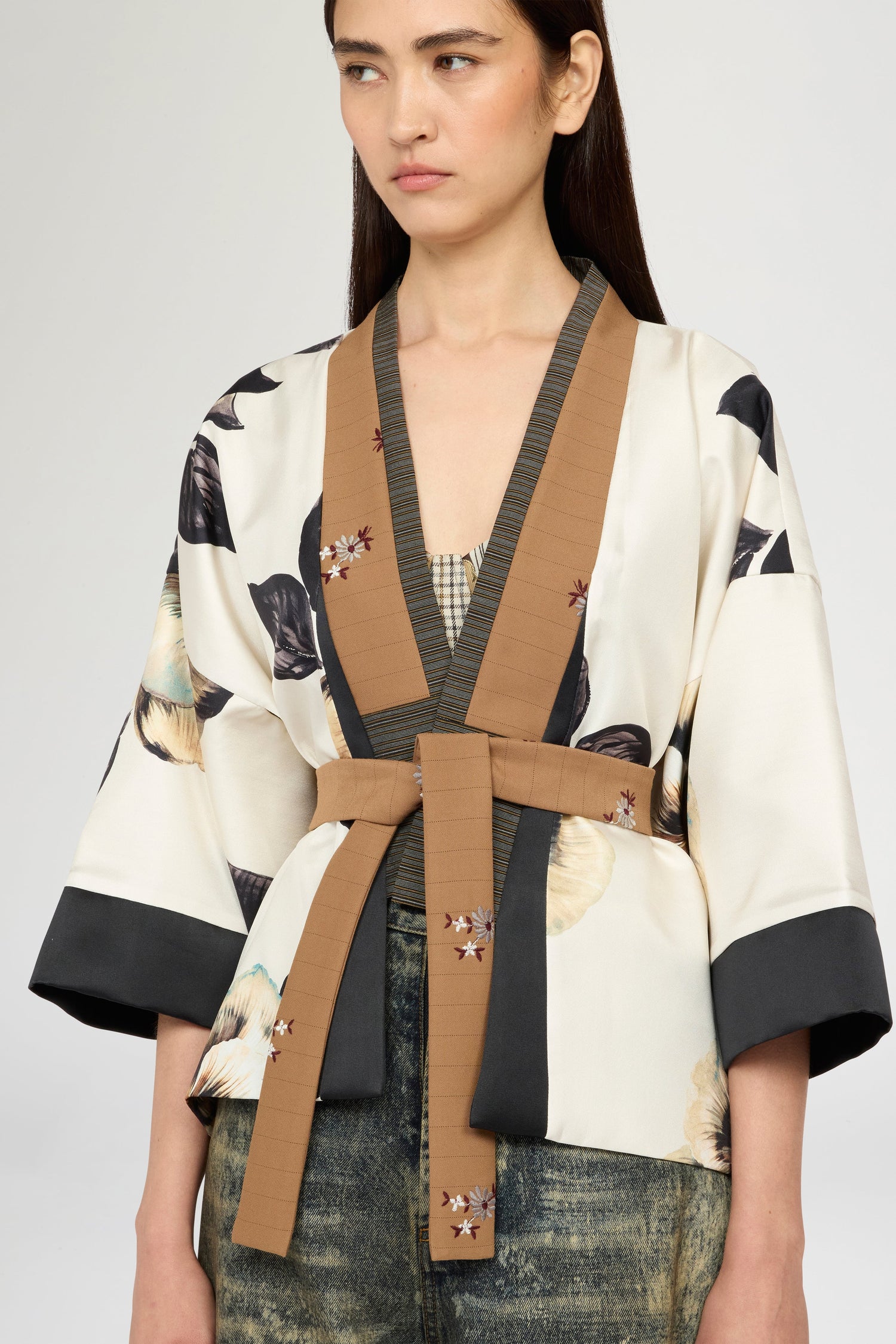 Short Kimono In Silk Twill And Pinstripe