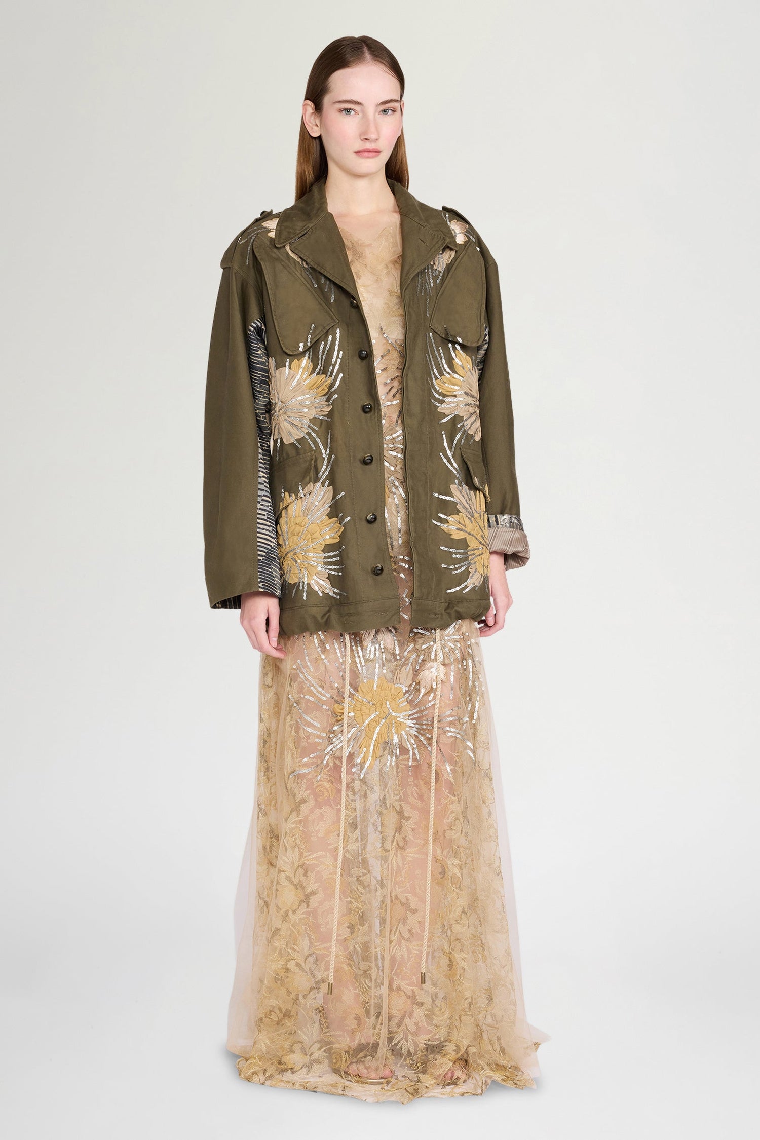 Sequin Floral Motif Parka