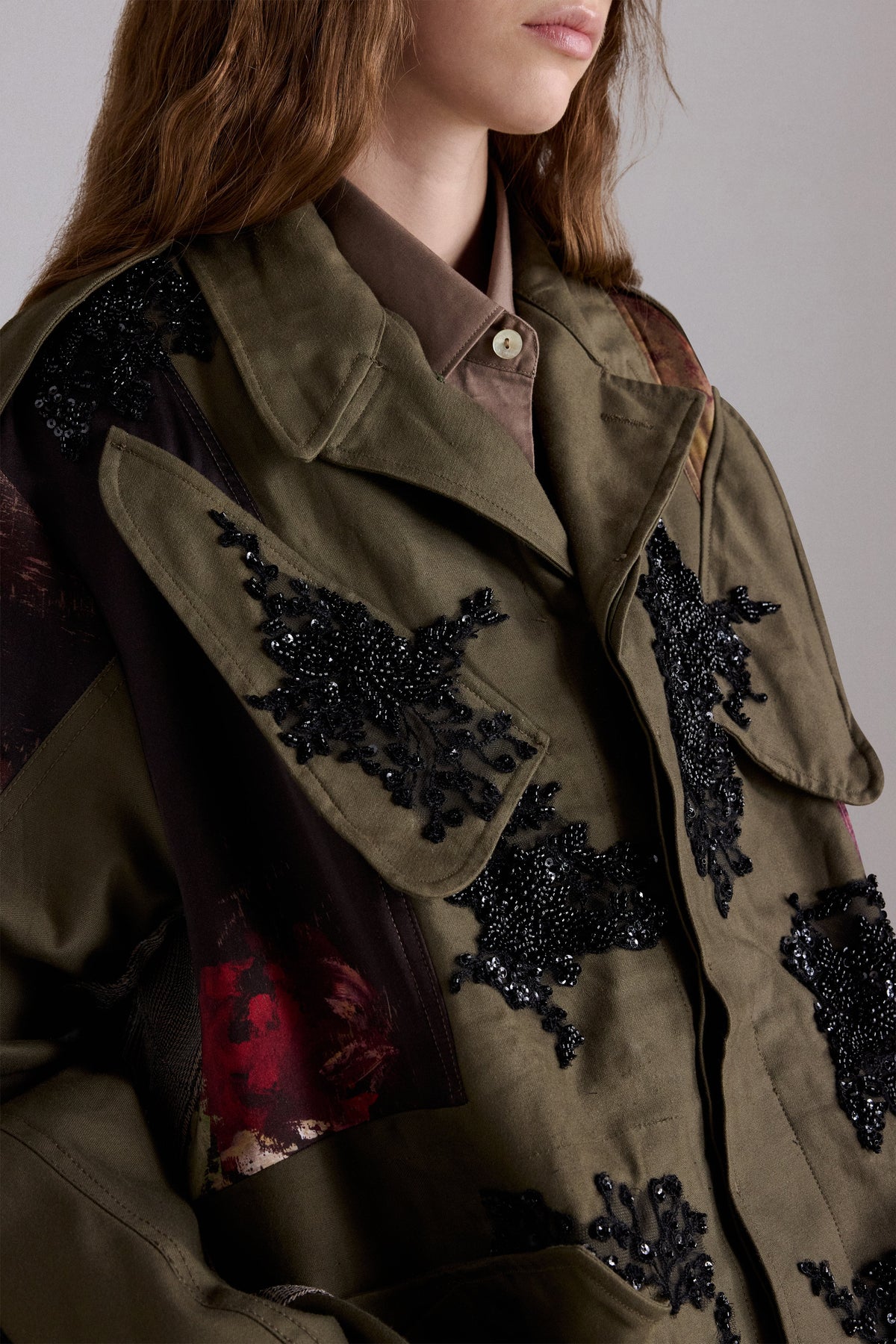 Parka with Beaded Floral Embroidery