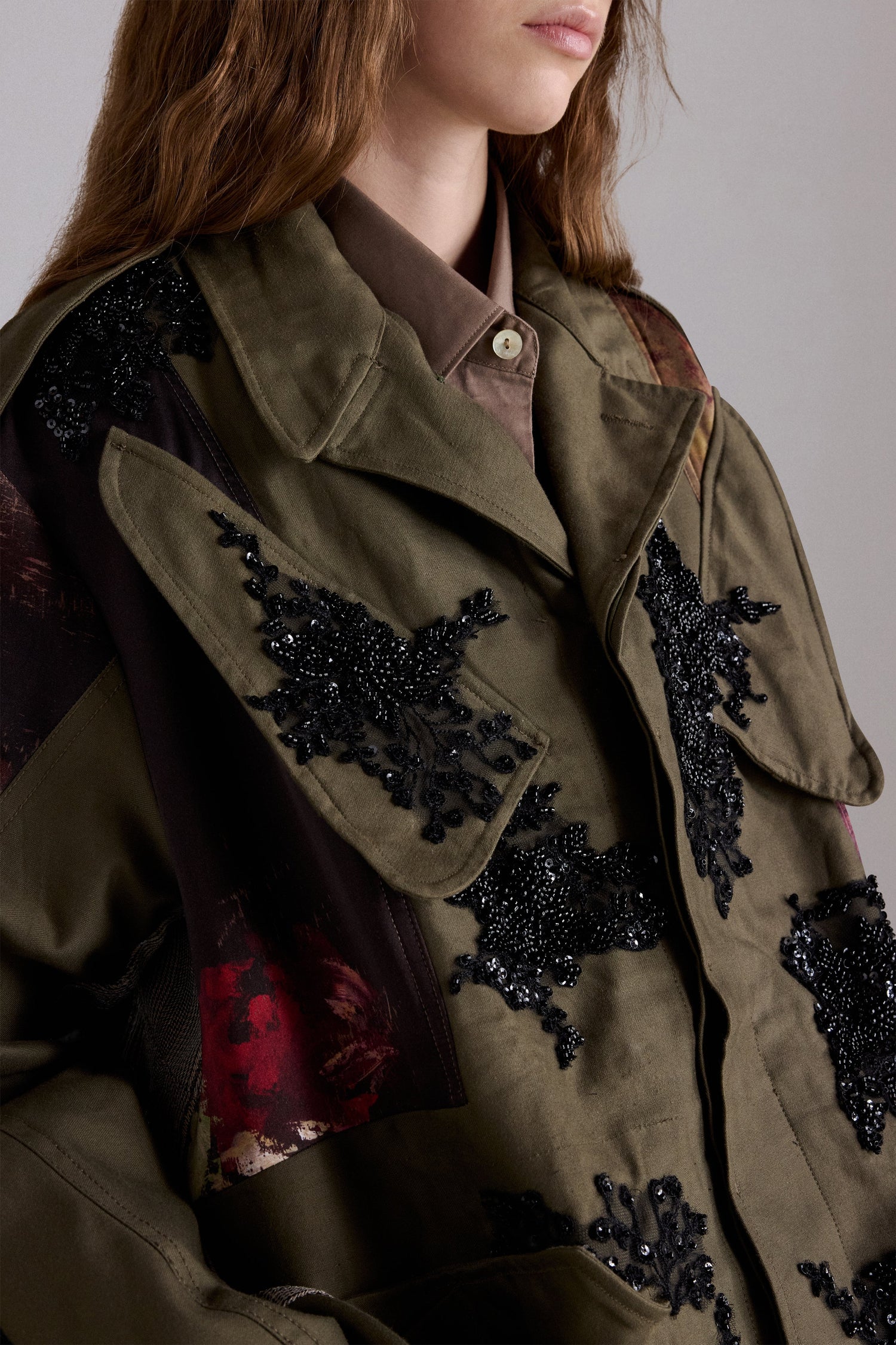 Parka with Beaded Floral Embroidery