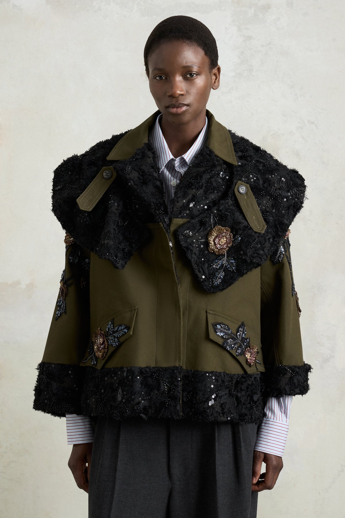 Parka with Embroidered Rose Cape