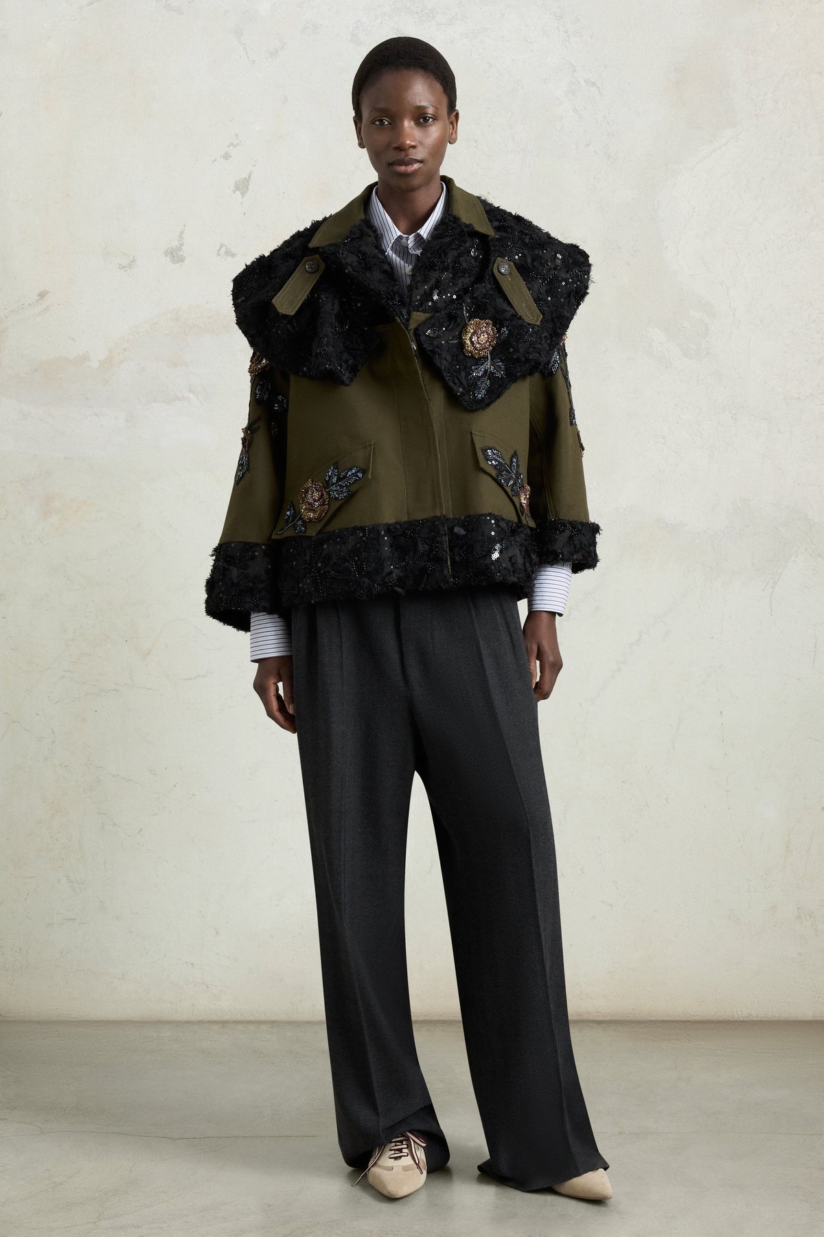 Parka with Embroidered Rose Cape