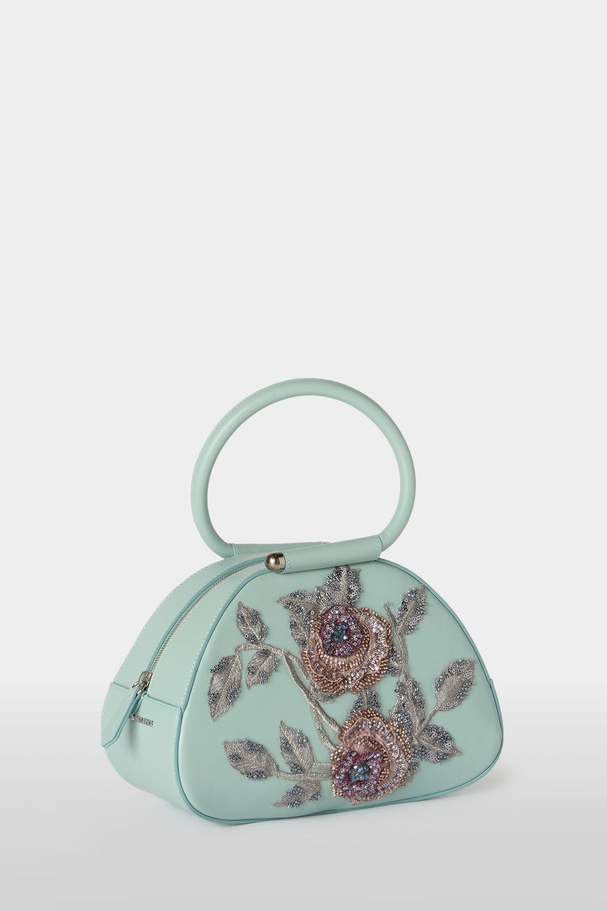 Turquoise Caragol Bag with Floral Sequin Embroidery