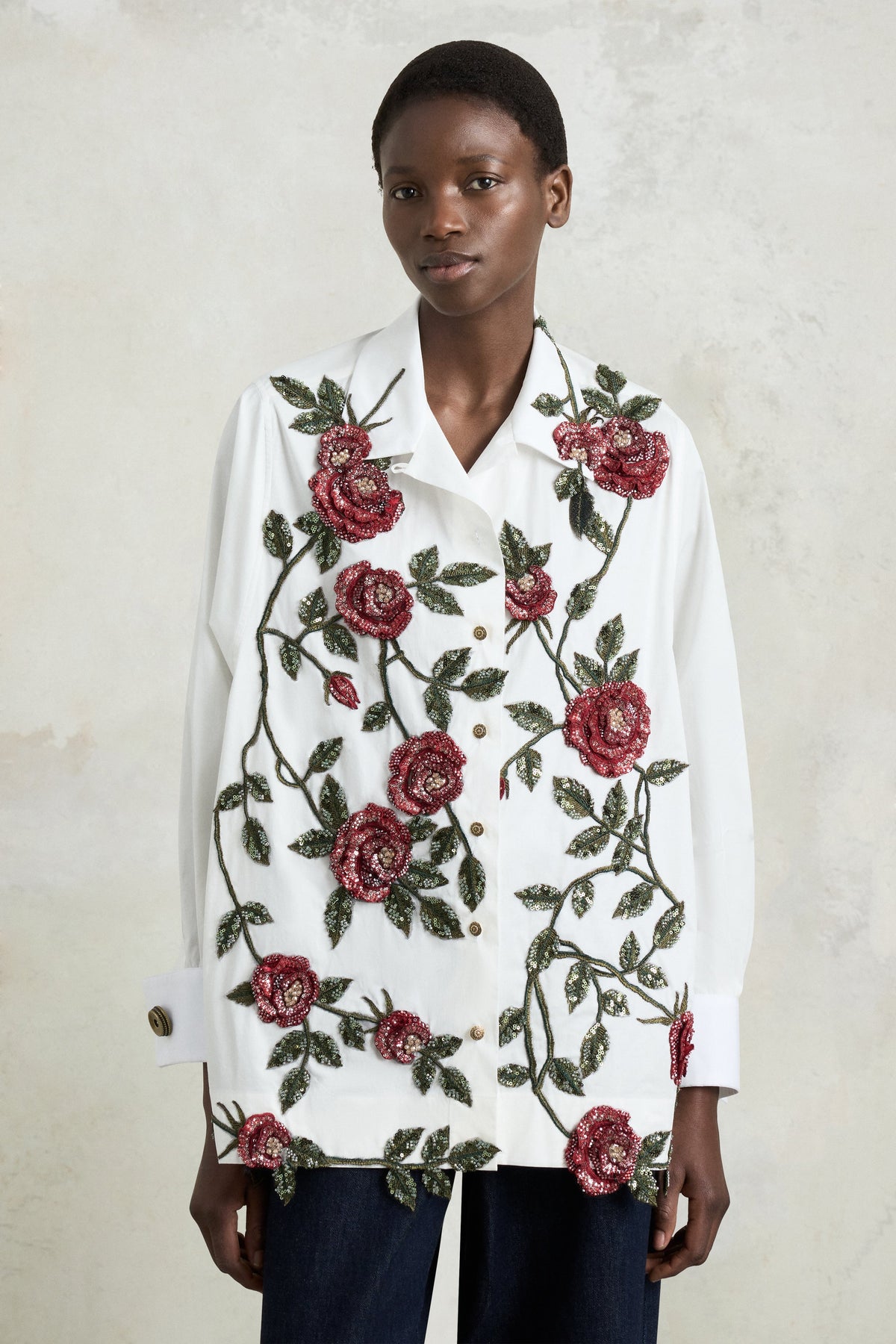 White Floral Embroidered Robespierre Shirt