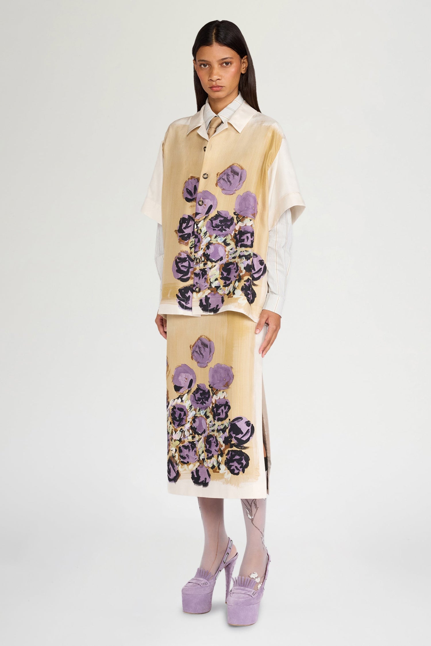 Beige Floral Silk Bowling Shirt