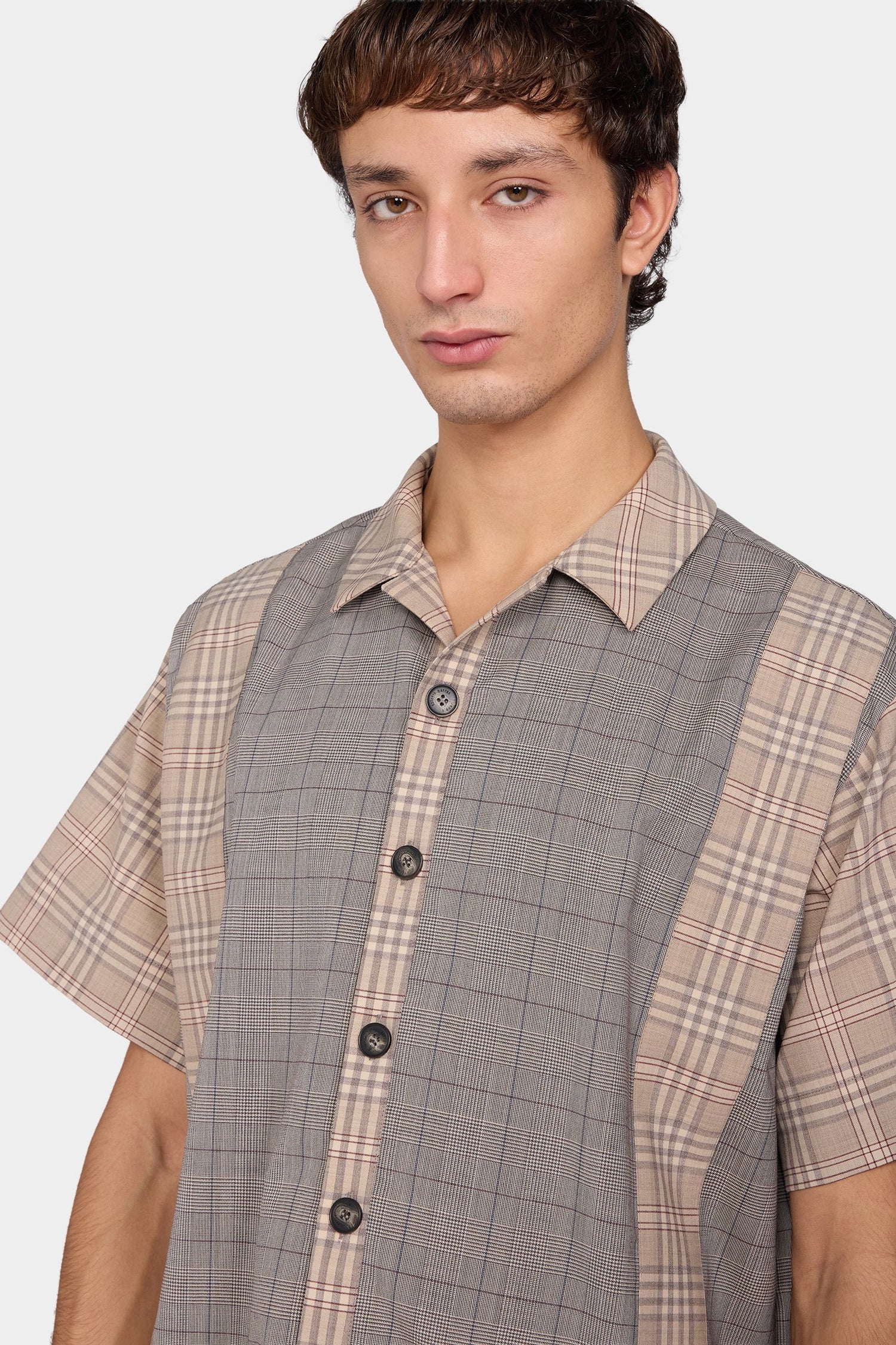 Beige Check Patchwork Shirt