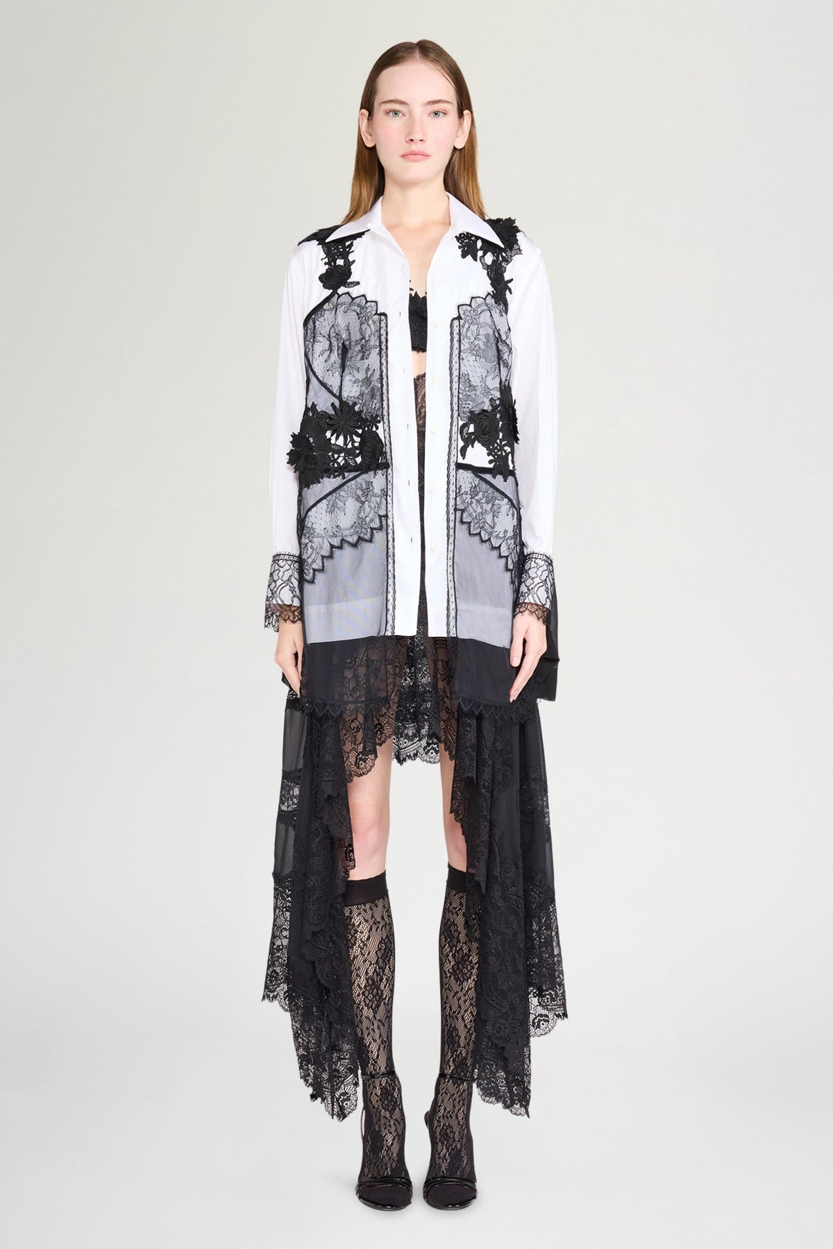 White Shirt with Black Lace Overlay