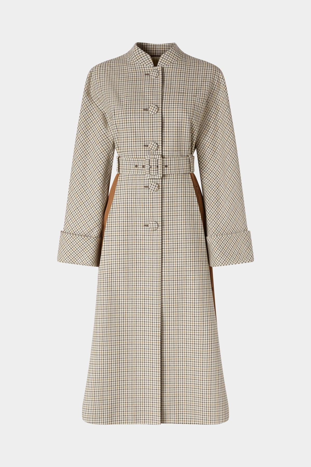 Long Micro Check Coat with Plissé Insert