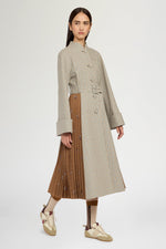 Long Micro Check Coat with Plissé Insert