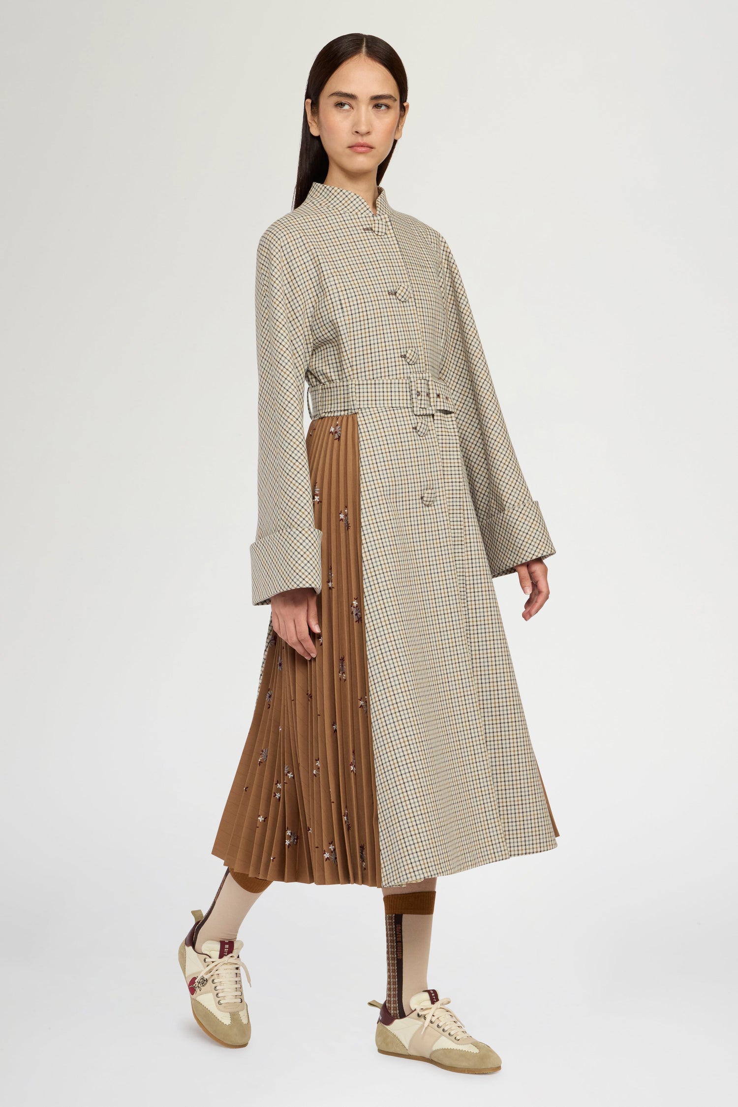 Long Micro Check Coat with Plissé Insert