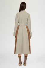 Long Micro Check Coat with Plissé Insert