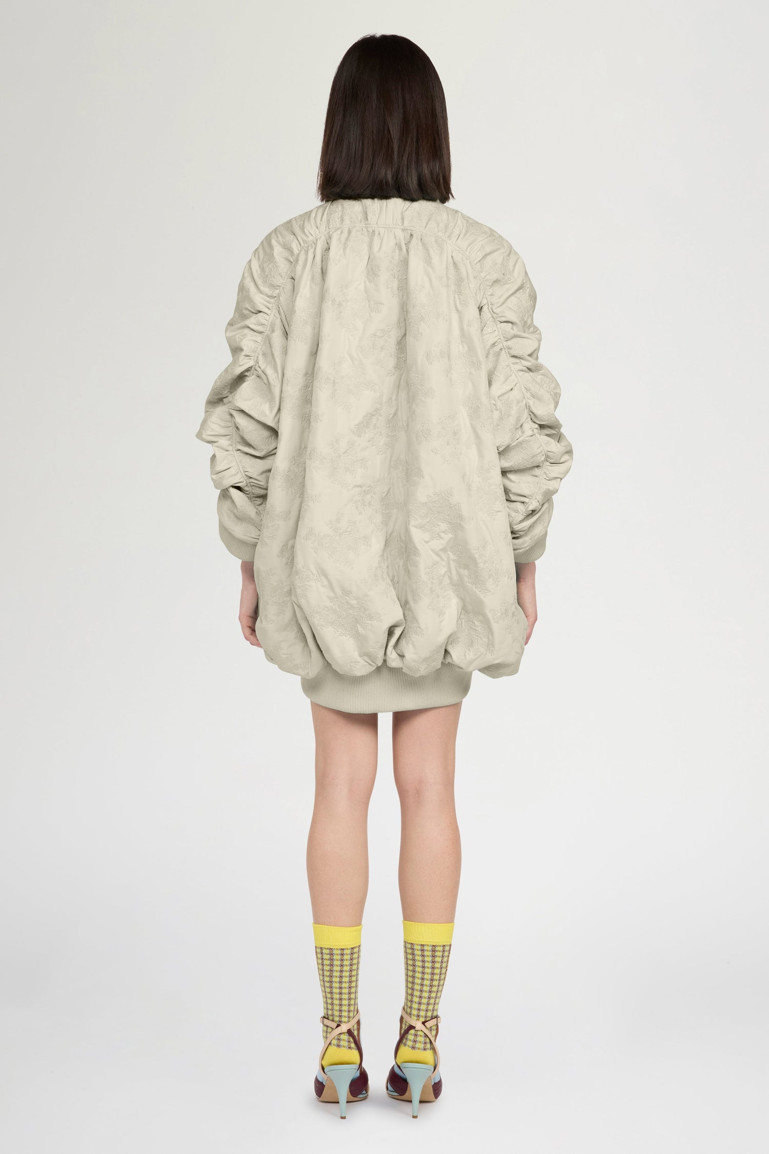 Oversized Gathered Bomber in Floral-Quilted Nylon