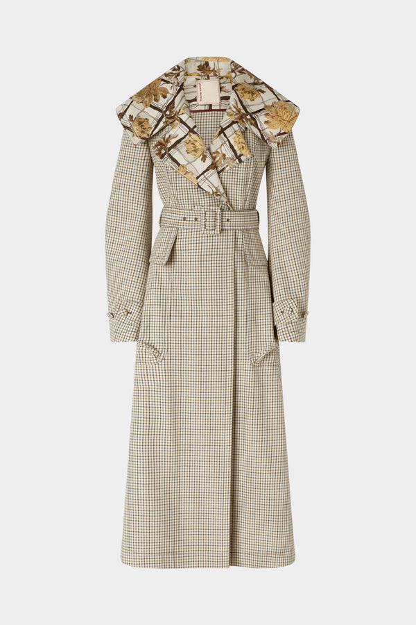 Long Micro Check Coat with Maxi Lapel