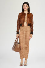 Cropped Cognac Leather Bomber Jacket