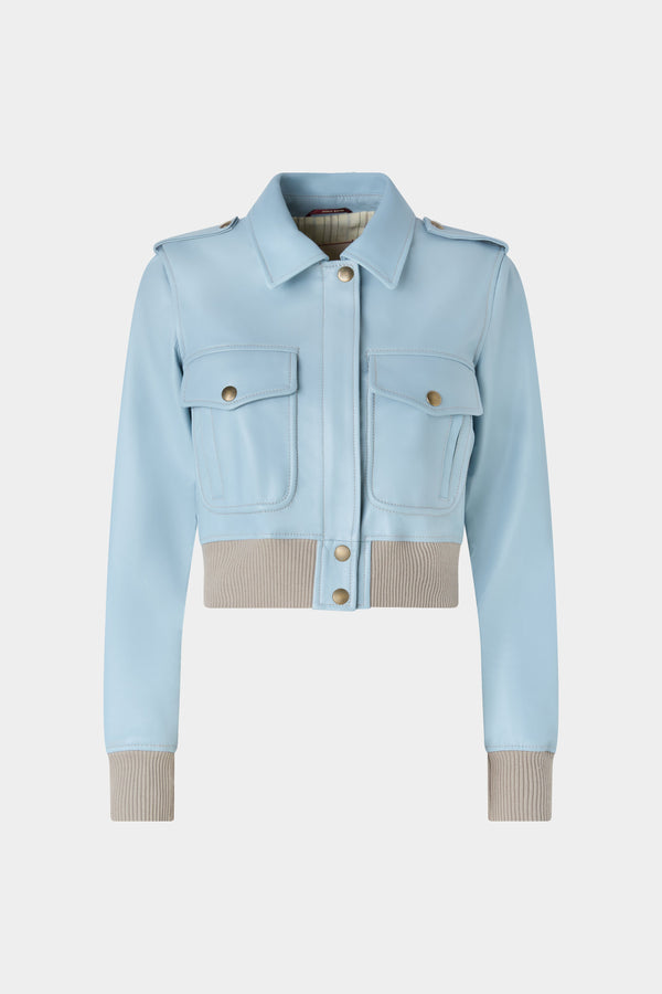 Cropped Light Blue Leather Bomber Jacket