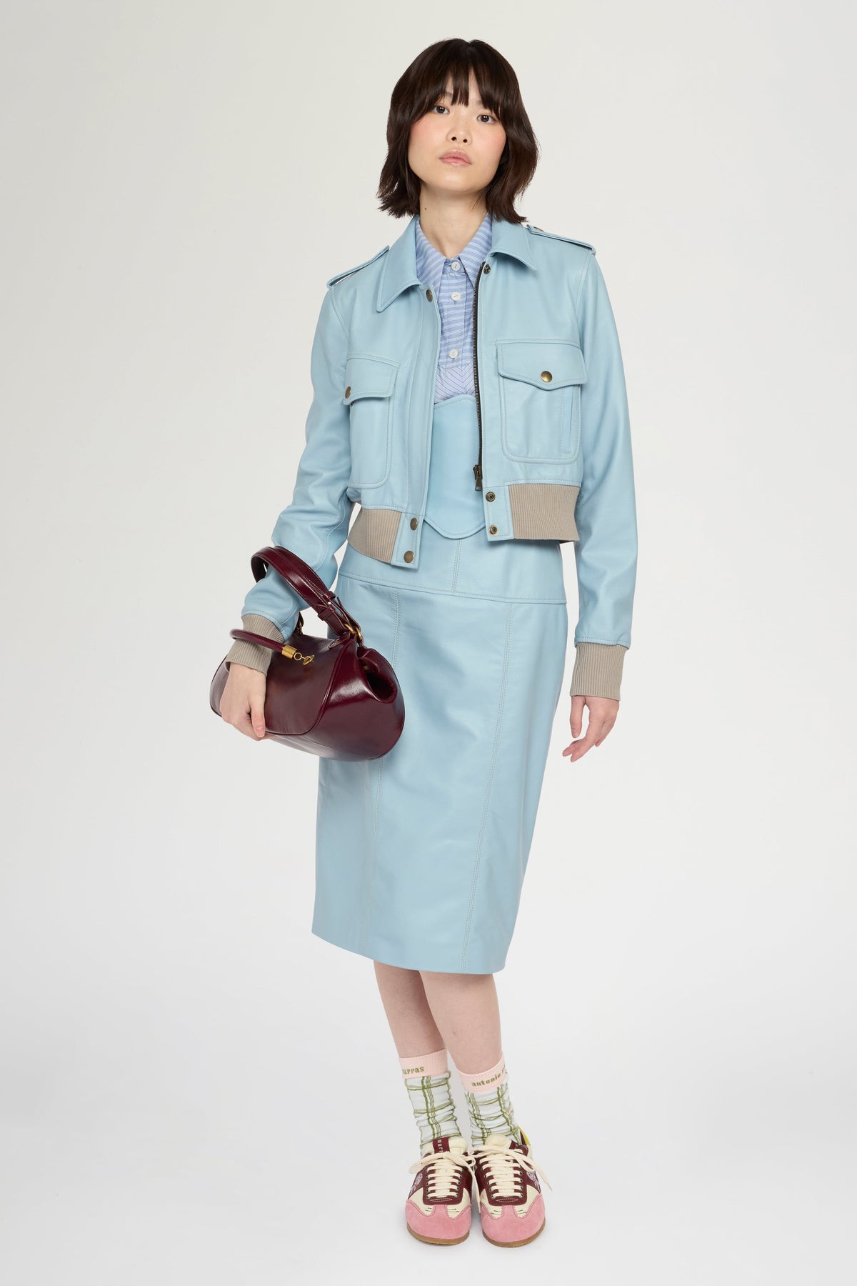 Cropped Light Blue Leather Bomber Jacket