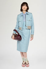 Cropped Light Blue Leather Bomber Jacket