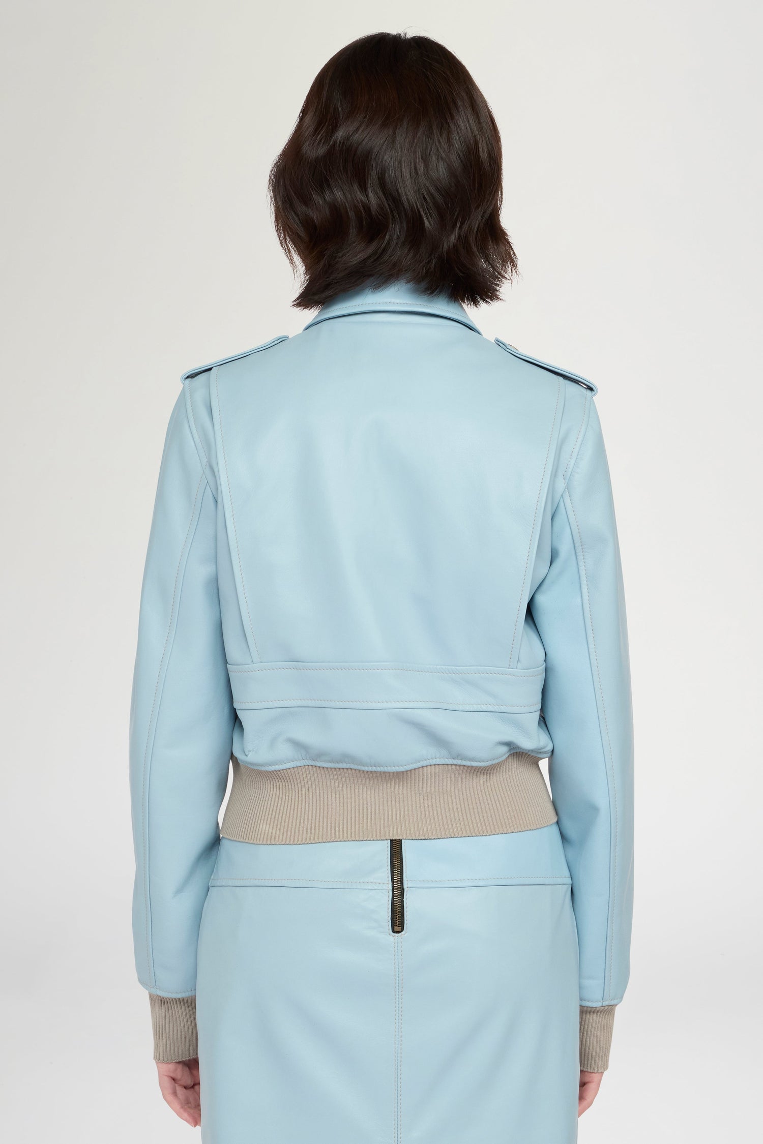 Cropped Light Blue Leather Bomber Jacket