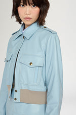 Cropped Light Blue Leather Bomber Jacket